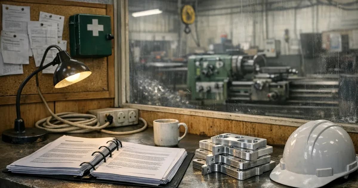 Government procurement tender documents on a steel workbench alongside machined aluminium components in a small UK engineering workshop