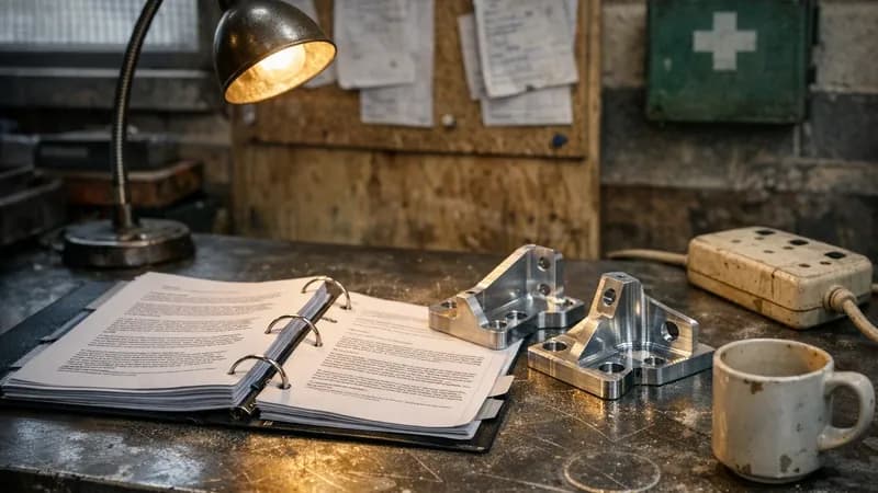 Government procurement tender documents on a steel workbench alongside machined aluminium components in a small UK engineering workshop