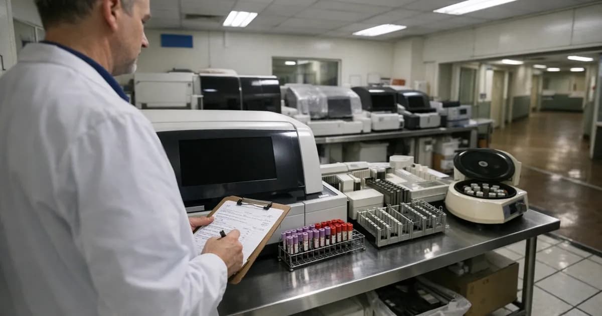 NHS pathology laboratory technician with clipboard standing beside switched-off blood analysis equipment, showing manual processes replacing automated systems