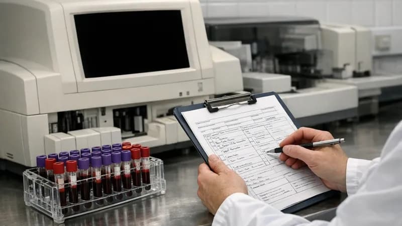 NHS pathology laboratory technician with clipboard standing beside switched-off blood analysis equipment, showing manual processes replacing automated systems