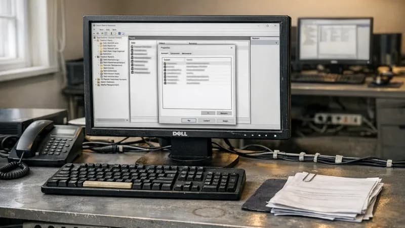 Desktop computer monitor displaying Windows User Accounts control panel interface in a small business IT office setting