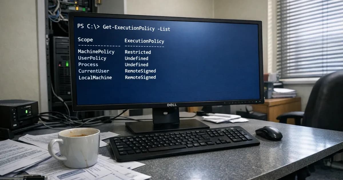 PowerShell terminal window displaying execution policy command output on a monitor in an IT office workspace