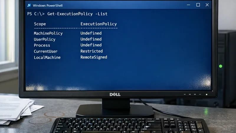PowerShell terminal window displaying execution policy command output on a monitor in an IT office workspace