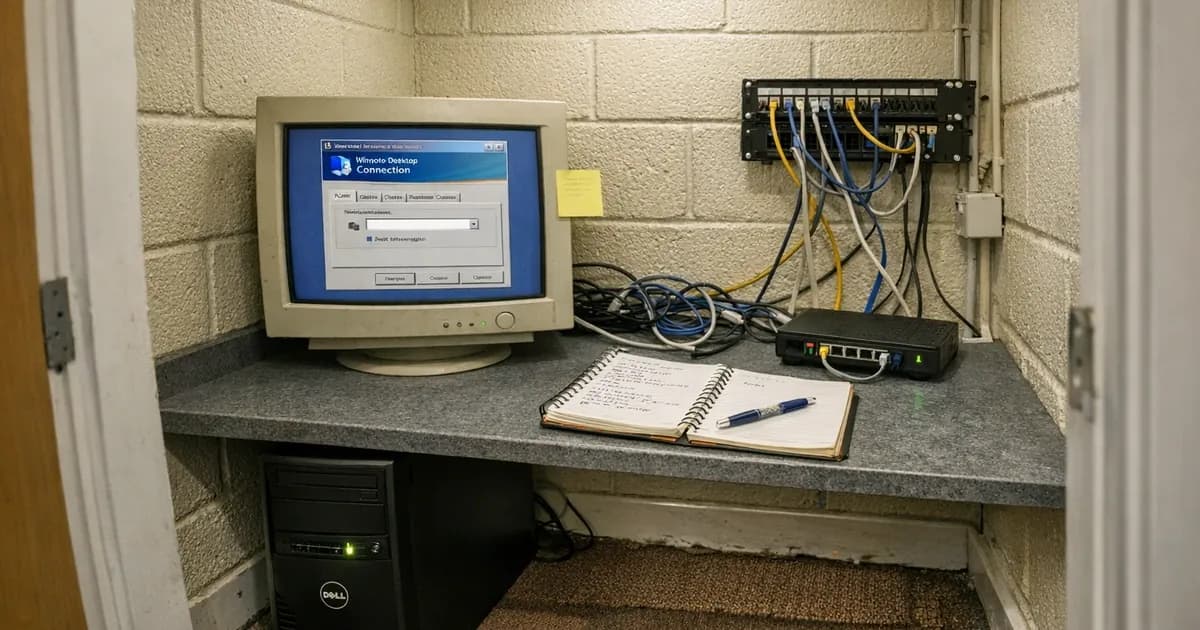 Windows Remote Desktop Connection dialog displayed on a CRT monitor in a cramped UK business server room, showing RDP client interface with connection settings