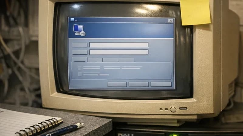 Windows Remote Desktop Connection dialog displayed on a CRT monitor in a cramped UK business server room, showing RDP client interface with connection settings