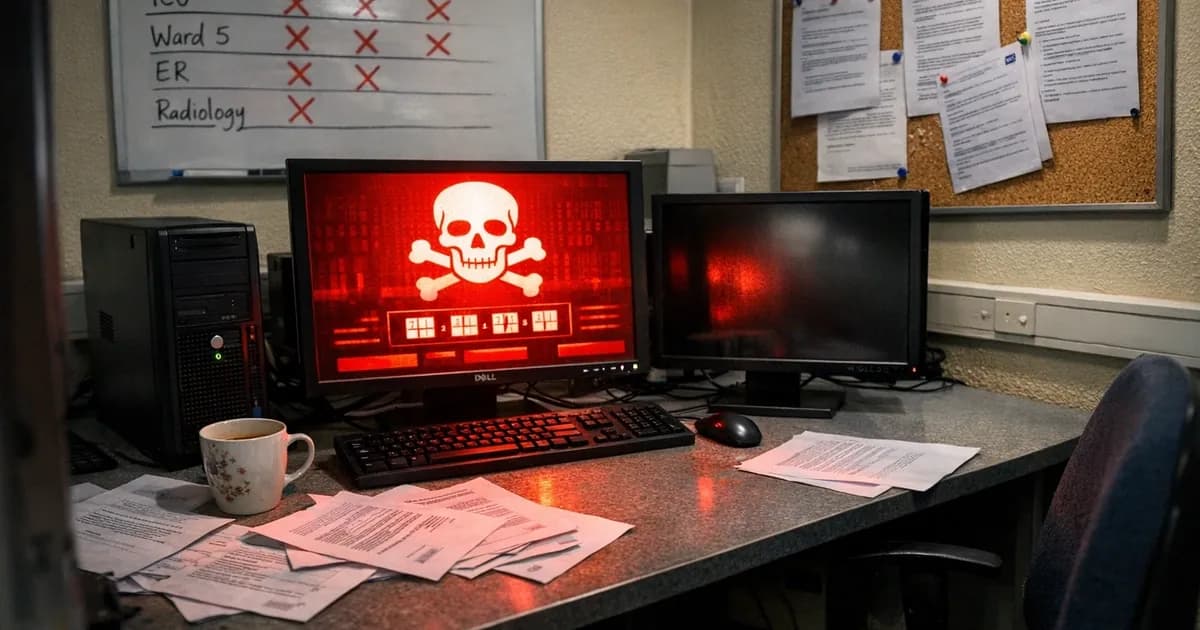 NHS hospital IT workstation displaying WannaCry ransomware screen in abandoned office during 2017 cyberattack