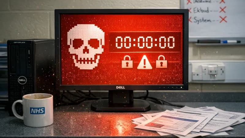 NHS hospital IT workstation displaying WannaCry ransomware screen in abandoned office during 2017 cyberattack