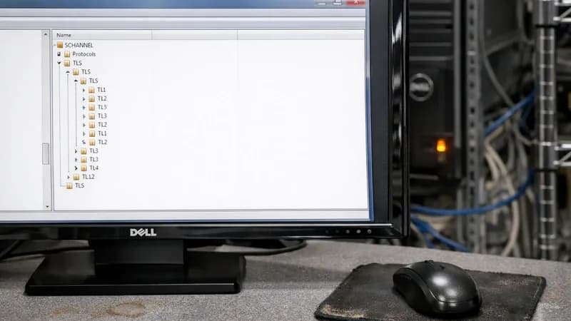 Windows Server registry editor displaying SCHANNEL protocols configuration on a monitor in a small business IT office