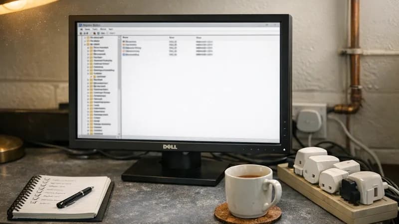 Dell tower PC with glowing power LED on a stained laminate desk in a cramped converted server room with zip-tied cables and worn carpet tiles