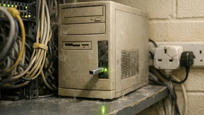 Computer monitor displaying a vulnerability scan report with red warning indicators next to a laptop showing Windows Defender with green checkmarks, contrasting the two results