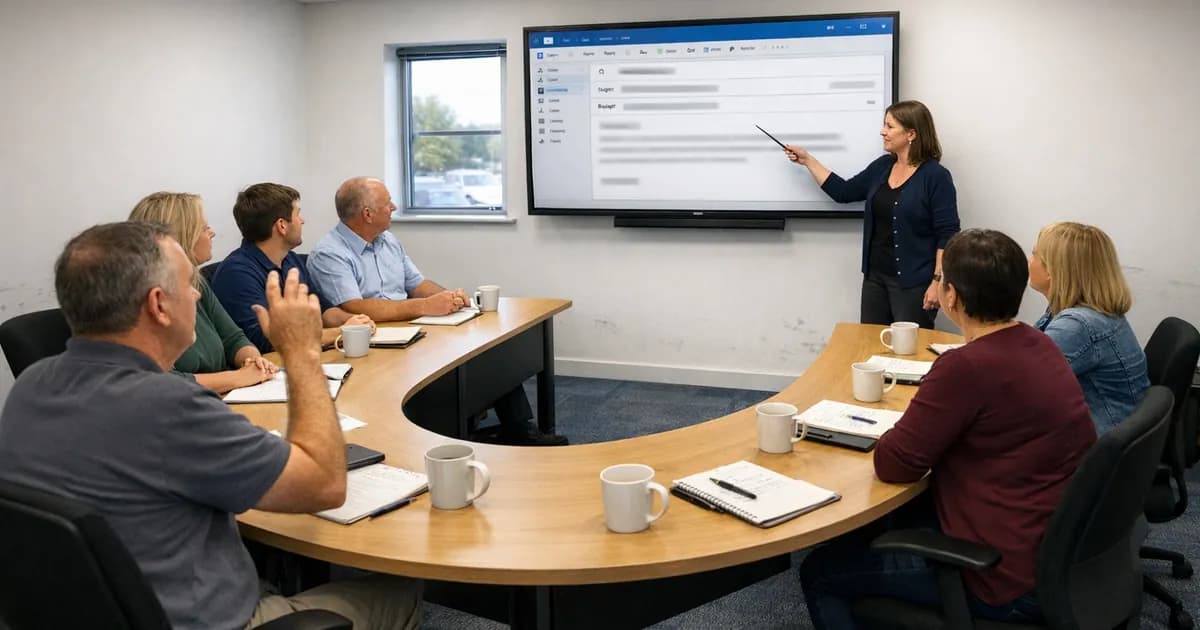 Training room scene showing employees learning to identify phishing emails on a screen display during security awareness training session