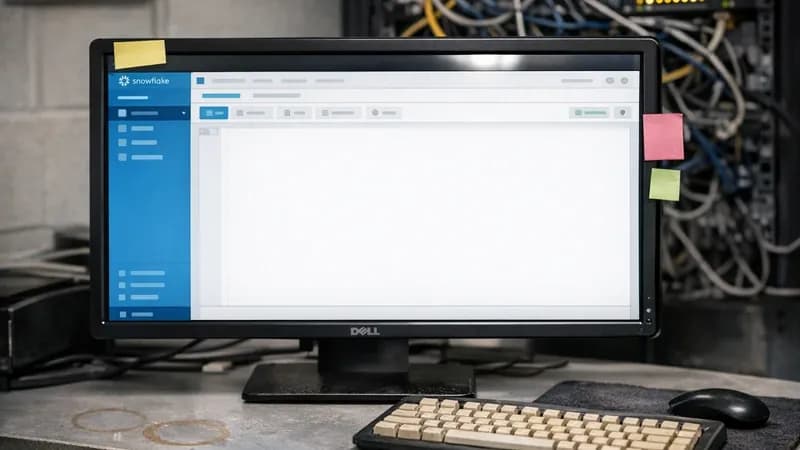 Small business IT office showing Snowflake web interface on computer monitor with network equipment in cramped converted storage room