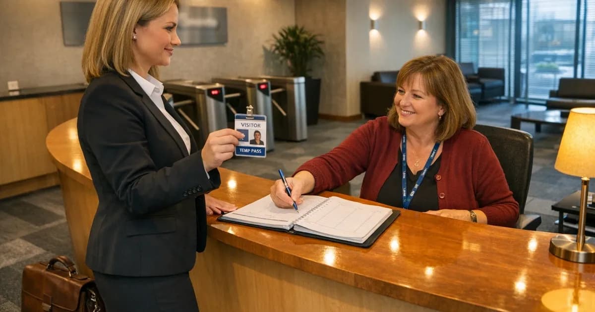 Reception desk interaction showing social engineering physical access test in progress