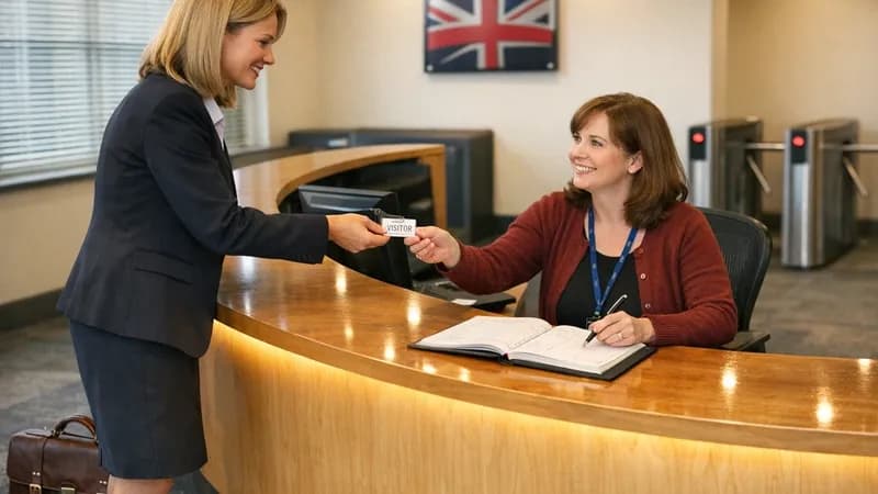 Reception desk interaction showing social engineering physical access test in progress
