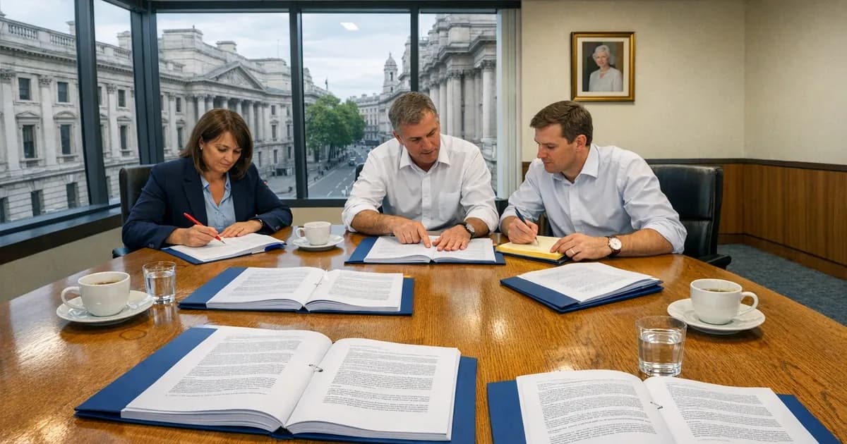 Government officials reviewing the UK Software Security Code of Practice documents around a conference table in a Whitehall office