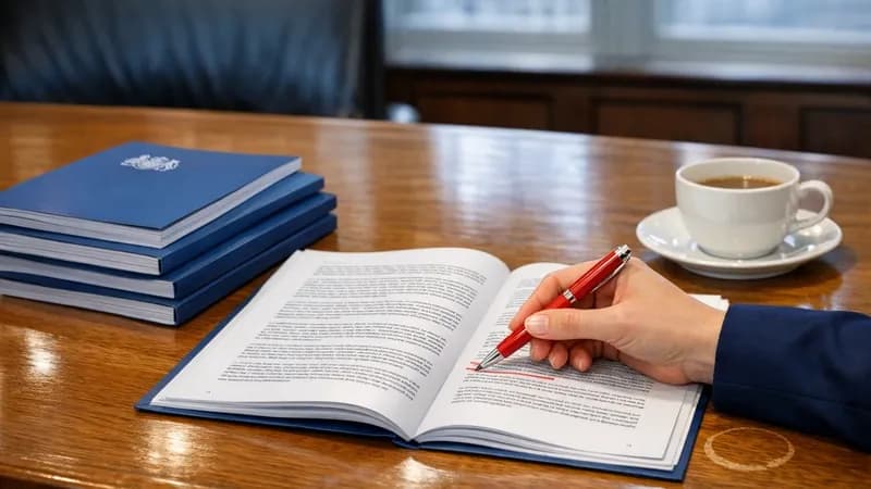 Government officials reviewing the UK Software Security Code of Practice documents around a conference table in a Whitehall office