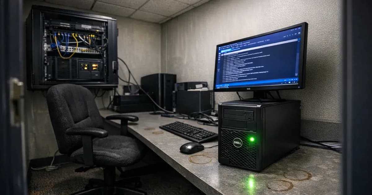 Software build server workstation in a cramped corporate server room showing Visual Studio compilation interface on monitor with network infrastructure visible in background