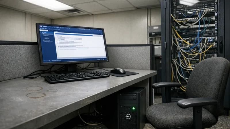 Software build server workstation in a cramped corporate server room showing Visual Studio compilation interface on monitor with network infrastructure visible in background