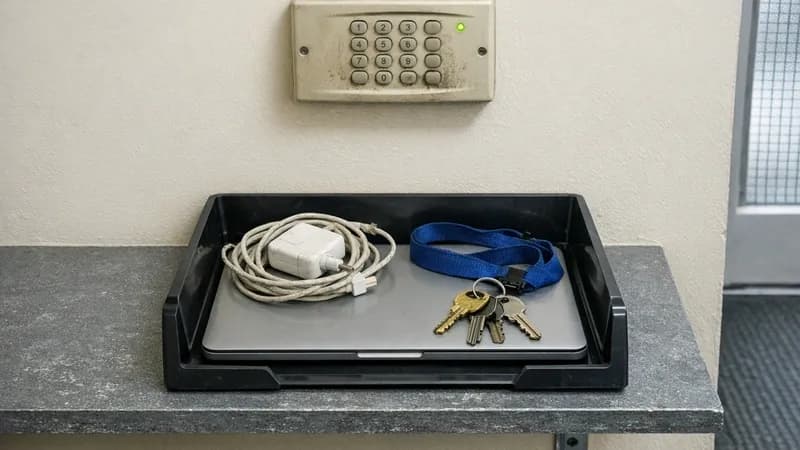 An empty desk in a small office with a returned laptop, a door fob and a set of keys placed on it, and a half-filled cardboard box on the chair beside it.