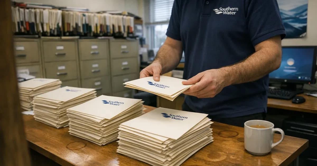 Southern Water office worker sorting customer notification letters on a desk with filing cabinets in background