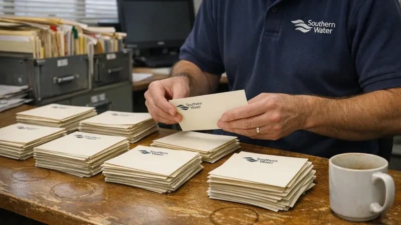 Southern Water office worker sorting customer notification letters on a desk with filing cabinets in background