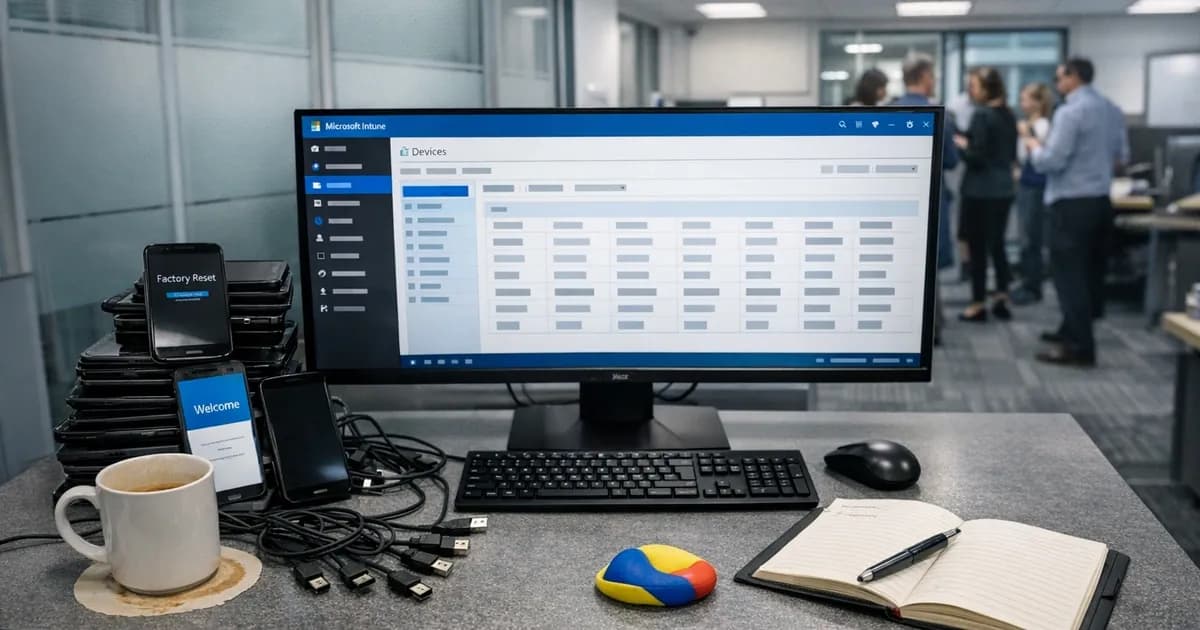 Microsoft Intune device management console on office monitor with wiped smartphones scattered on desk