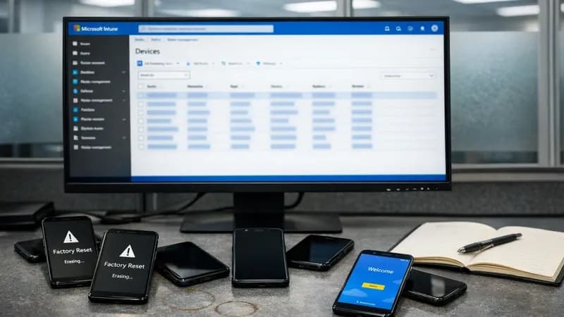 Microsoft Intune device management console on office monitor with wiped smartphones scattered on desk