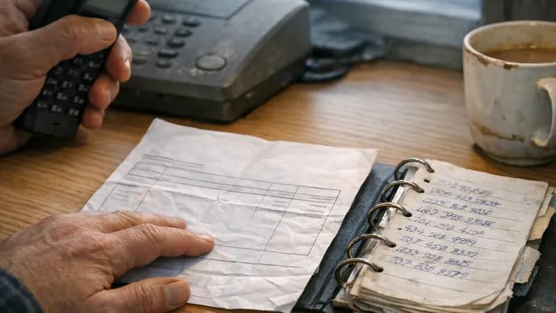 A bookkeeper in a small trade yard office holding a paper invoice in one hand and a telephone handset to her ear in the other, checking the payment details by phone at a desk with a spike of receipts, an open ledger and a tea mug.