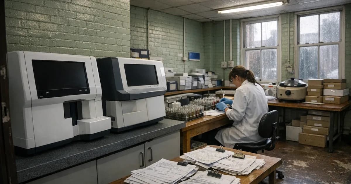 NHS pathology laboratory with switched-off blood analyser machines and lab technician processing blood samples manually with handwritten forms