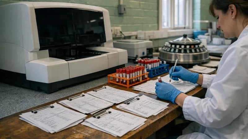 NHS pathology laboratory with switched-off blood analyser machines and lab technician processing blood samples manually with handwritten forms