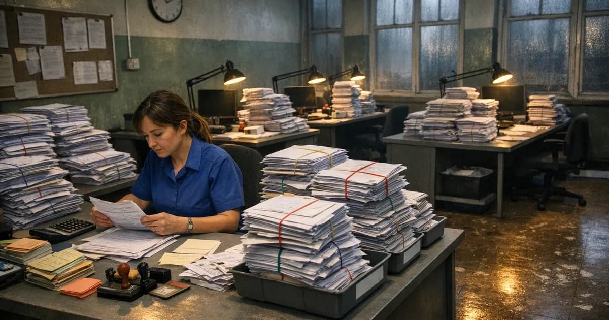 TfL customer service representative manually processing stacks of paper refund forms at a desk with switched-off computer monitor, showing the fallback to manual operations after the cyberattack.