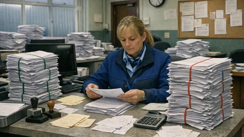 TfL customer service representative manually processing stacks of paper refund forms at a desk with switched-off computer monitor, showing the fallback to manual operations after the cyberattack.
