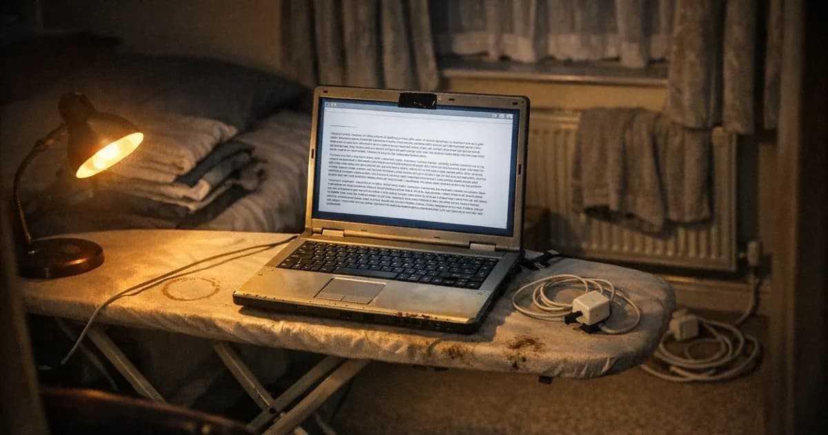 A laptop on a kitchen table late in the evening showing an open email, with a mug and reading glasses beside it and the rest of the room in darkness.