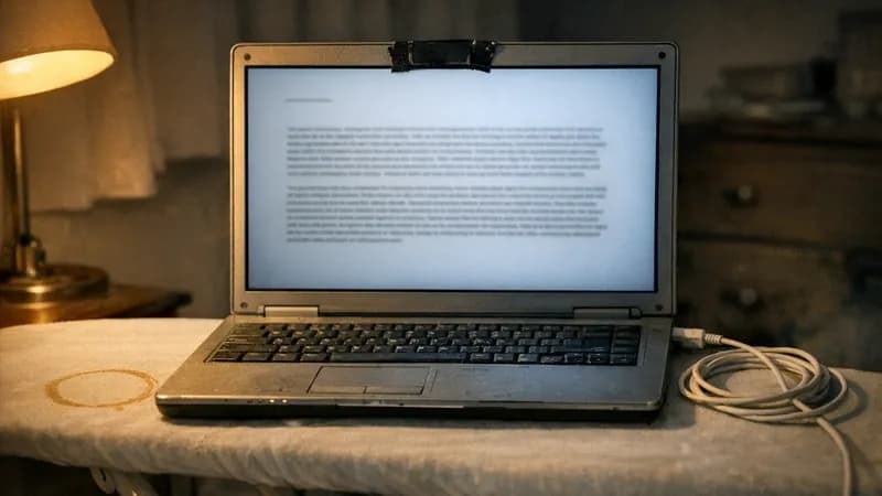 A laptop on a kitchen table late in the evening showing an open email, with a mug and reading glasses beside it and the rest of the room in darkness.