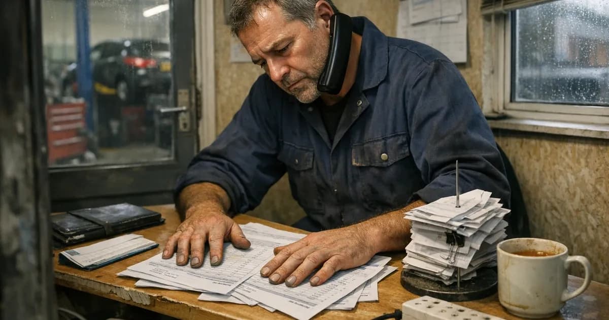 The owner of a small UK vehicle repair garage sitting at a worn workbench with a telephone handset held to his shoulder, working through a spread of paper invoices beside a spike of receipts and a stained mug, with the workshop and a rain-streaked window behind him.