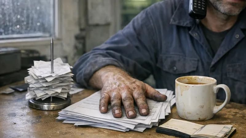 The owner of a small UK vehicle repair garage sitting at a worn workbench with a telephone handset held to his shoulder, working through a spread of paper invoices beside a spike of receipts and a stained mug, with the workshop and a rain-streaked window behind him.