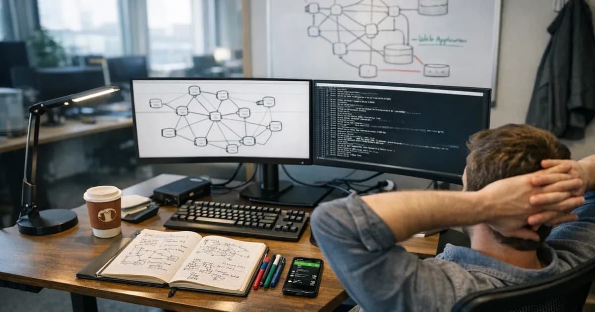 Penetration tester at dual-monitor workstation showing network diagrams and terminal interfaces, with handwritten notes and whiteboard network architecture visible in UK office environment