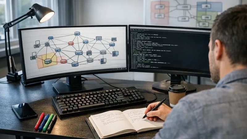 Penetration tester at dual-monitor workstation showing network diagrams and terminal interfaces, with handwritten notes and whiteboard network architecture visible in UK office environment