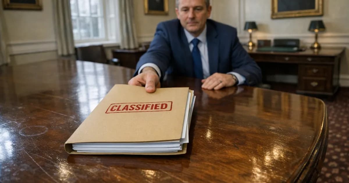 Civil servant sliding classified government folder containing draft ransomware payment ban legislation across conference table in UK government office