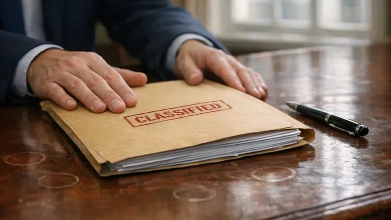 Civil servant sliding classified government folder containing draft ransomware payment ban legislation across conference table in UK government office