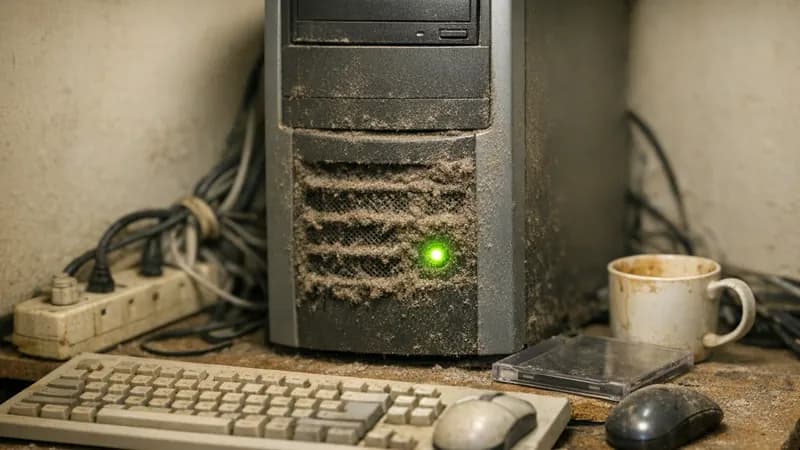 A dusty Windows 10 computer setup in a cluttered IT cupboard with a sticky note reminder on the monitor, representing aging business systems approaching end of support