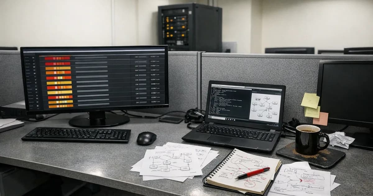 Two IT workstations side by side showing vulnerability scanning interface on left monitor and manual penetration testing work with terminal and handwritten notes on right