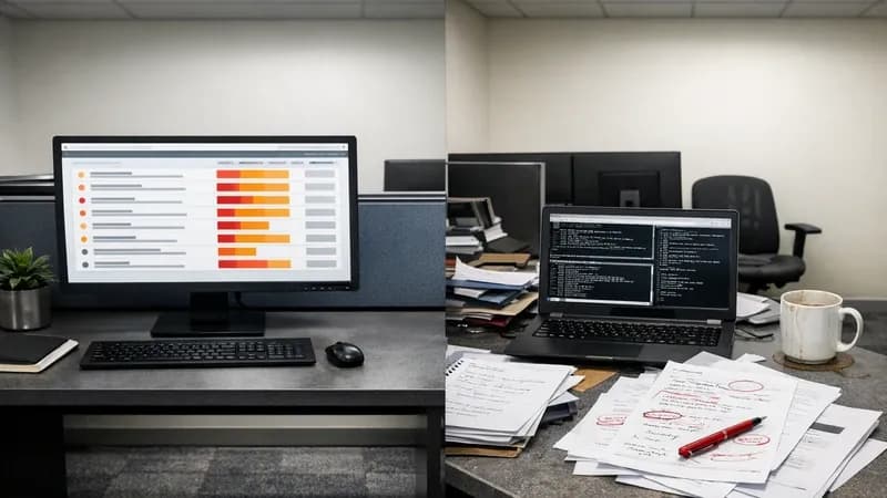 Two IT workstations side by side showing vulnerability scanning interface on left monitor and manual penetration testing work with terminal and handwritten notes on right