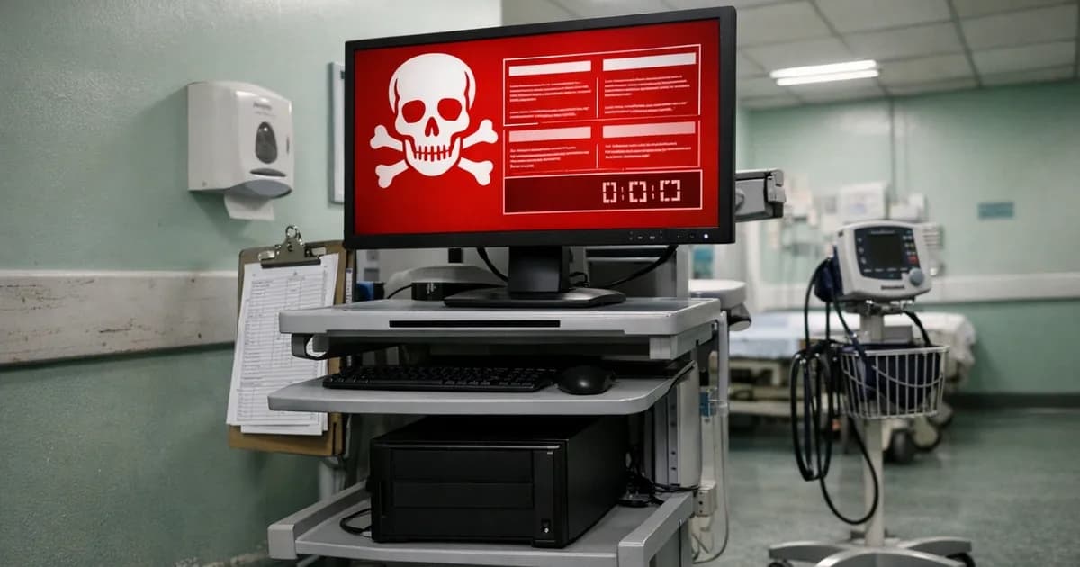 NHS hospital computer workstation displaying WannaCry ransomware screen in typical ward setting with medical cart and clinical equipment