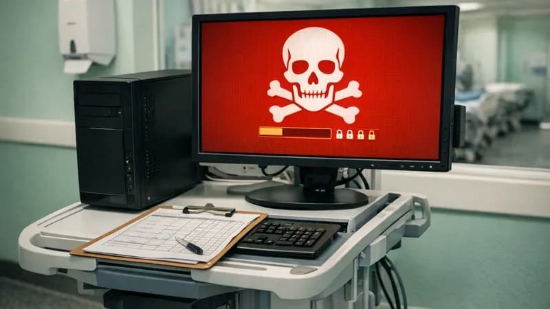 NHS hospital computer workstation displaying WannaCry ransomware screen in typical ward setting with medical cart and clinical equipment