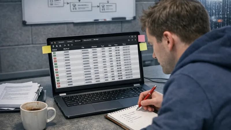 Web developer examining browser developer tools network tab on laptop screen, taking handwritten notes during web application security testing