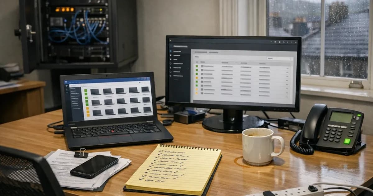 A small UK business IT manager's desk during a remediation day, with a laptop showing a device management interface, a separate monitor showing the Microsoft 365 admin centre, a handwritten checklist on a yellow notepad, and a desk phone with the active-call indicator lit, in overcast daylight from a sash window.