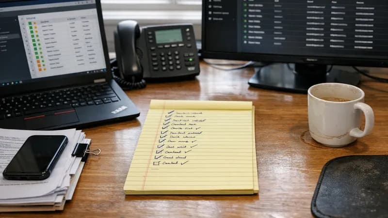 A small UK business IT manager's desk during a remediation day, with a laptop showing a device management interface, a separate monitor showing the Microsoft 365 admin centre, a handwritten checklist on a yellow notepad, and a desk phone with the active-call indicator lit, in overcast daylight from a sash window.
