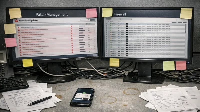 IT workstation showing signs of configuration drift with overdue patches and accumulated firewall rules on dual monitors, surrounded by handwritten notes and technical documentation on a cluttered desk