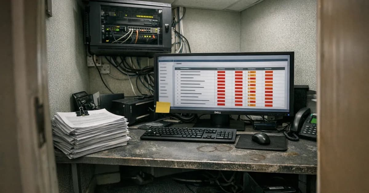 Monitor displaying vulnerability scan results interface with red warning indicators, alongside printed remediation reports on a worn desk in a small IT office